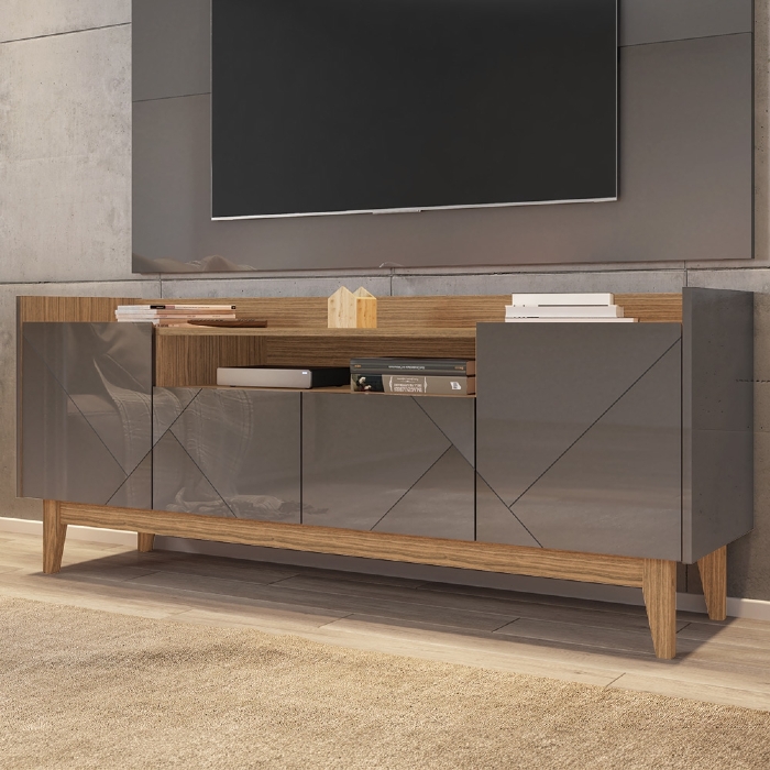 Rack Bancada TV 60 Pol 158cm Pé Madeira Margot Cinza/Cedro C14 - Mpozenato
