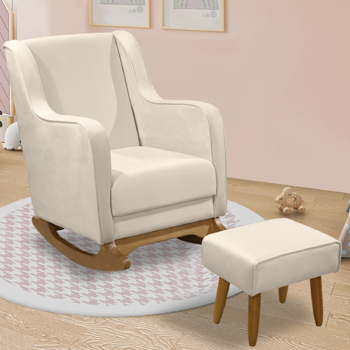 Poltrona Amamentação Base Balanço e Puff Vick Veludo Off F03 - Mpozenato