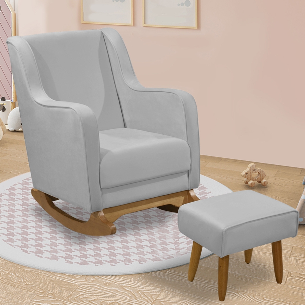 Poltrona Amamentação Base Balanço e Puff Vick Veludo Cinza F03 - Mpozenato