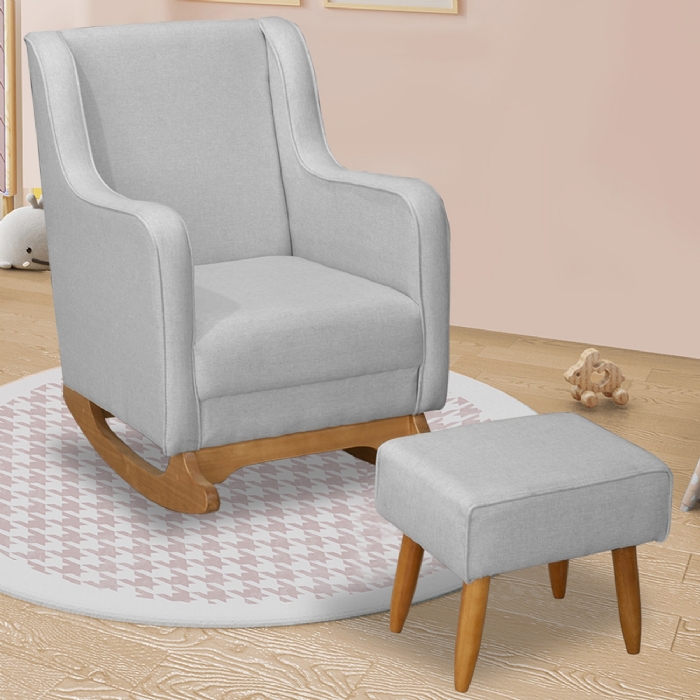 Poltrona Amamentação Base Balanço e Puff Vick Linho Cinza F03 - Mpozenato