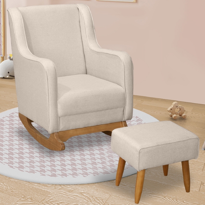 Poltrona Amamentação Base Balanço e Puff Vick Linho Bege F03 - Mpozenato