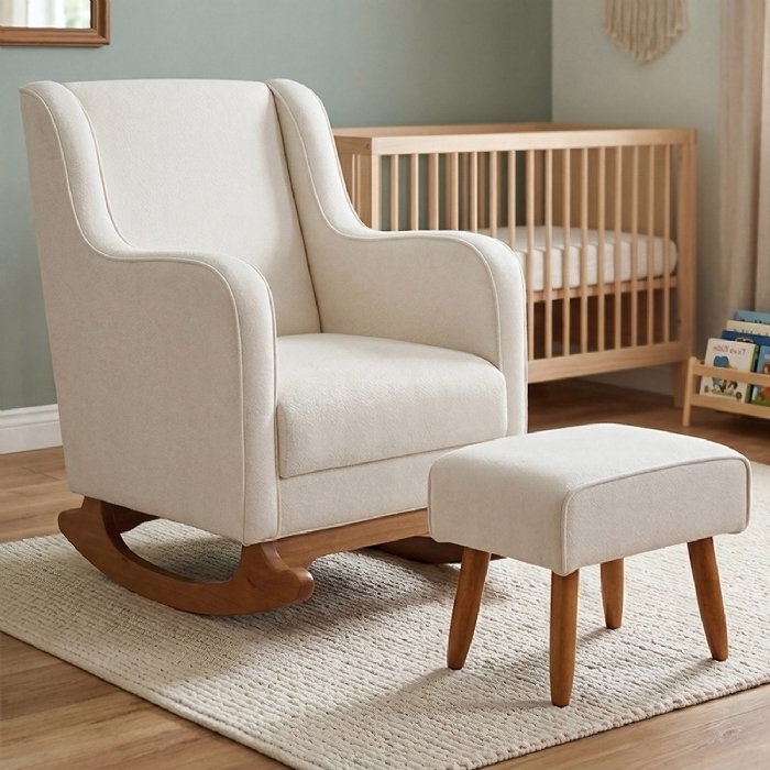 Poltrona Amamentação Base Balanço e Puff Vick Bouclê Off F03 - Mpozenato