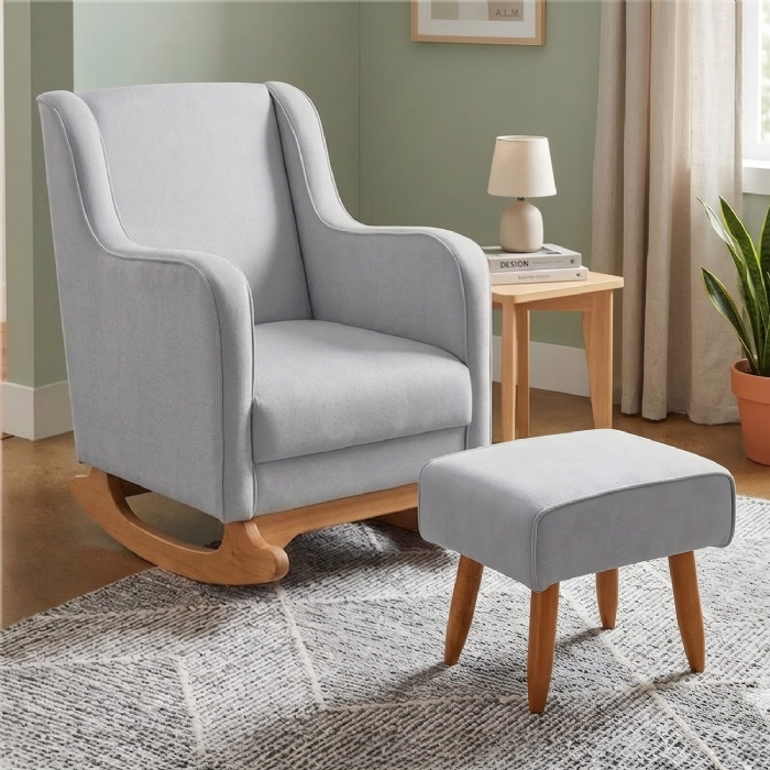 Poltrona Amamentação Base Balanço e Puff Vick Bouclê Cinza F03 - Mpozenato