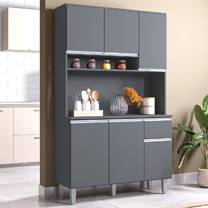Kit Cozinha Compacta 105cm Com 6 Portas 1 Gaveta Márcia Cinza - AJL Móveis