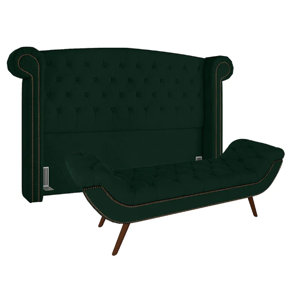 Cabeceira Cama Box Casal King 195cm Provença com Calçadeira Vêneto Z37 Veludo Verde Musgo - Mpozenato