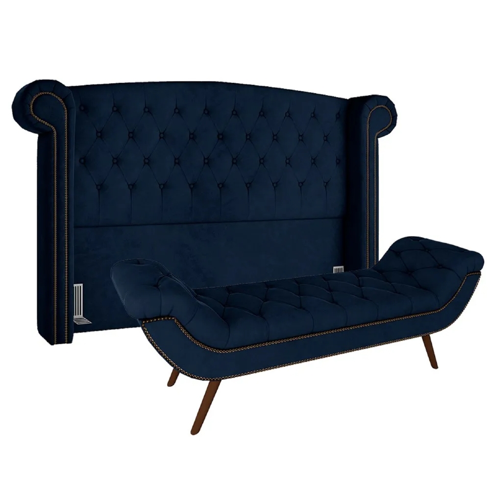Cabeceira Cama Box Casal Queen 160cm Provença com Calçadeira Vêneto Z37 Veludo Azul Marinho - Mpozenato