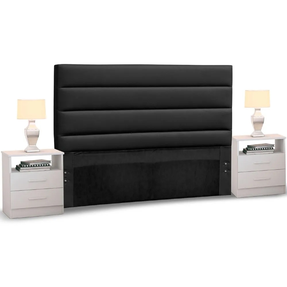 Cabeceira Cama Box Casal Queen 160cm Greta Suede Preto e 2 Mesas de Cabeceira Flex Branco - Mpozenato
