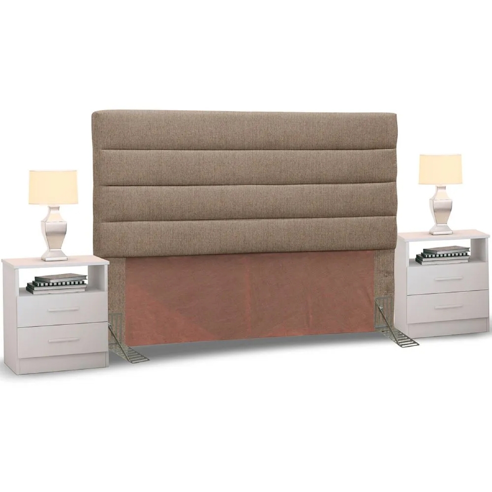 Cabeceira Cama Box Casal Queen 160cm Greta Linho Areia e 2 Mesas de Cabeceira Flex Branco - Mpozenato