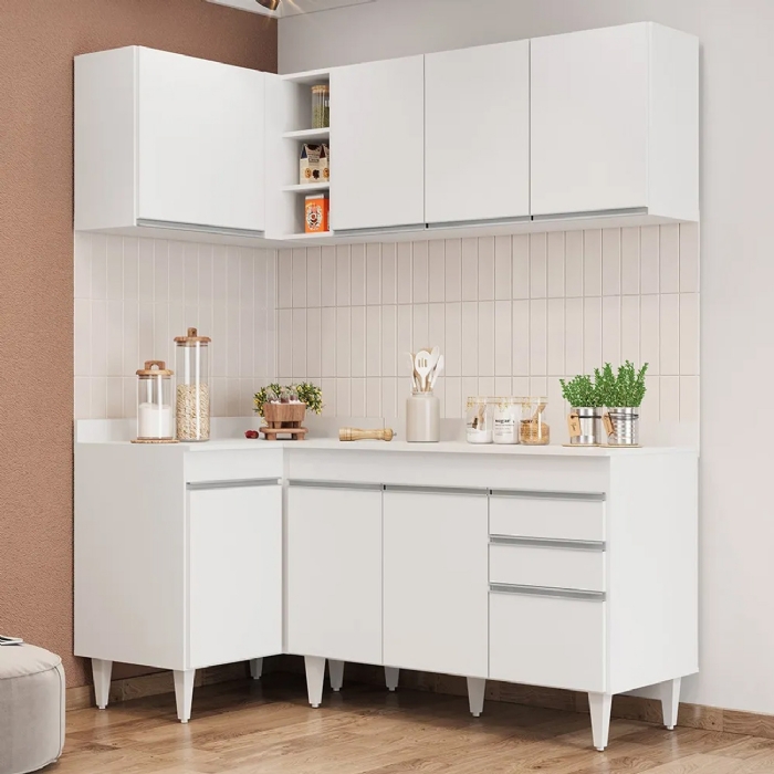 Armário de Cozinha Modulado de Canto Direito 4 Peças CP38 Balcão com Tampo Branco - Lumil