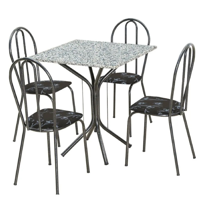 Jogo de Mesa e 04 Cadeiras Thais com Tampo Granito Craquelada/Assento Preto Flor - Artefamol