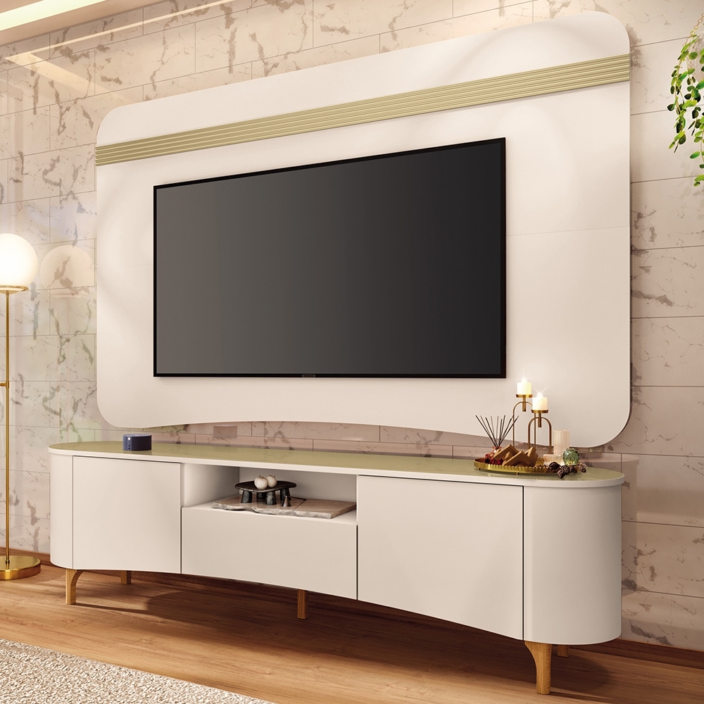 Painel TV 80 Pol 200cm Arven e Rack Sala Yang Off White/Champanhe H01 - Mpozenato