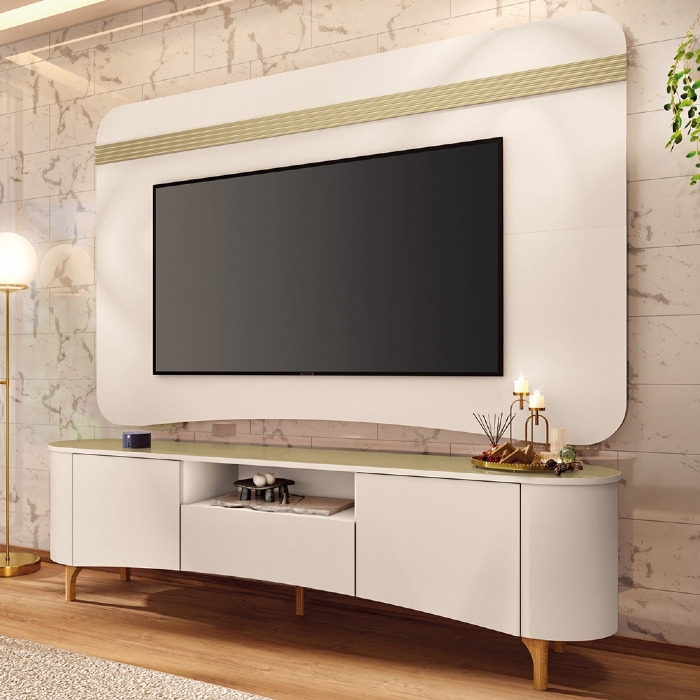 Painel TV 80 Pol 200cm Arven e Rack Sala Yang Off White/Champanhe H01 - Mpozenato