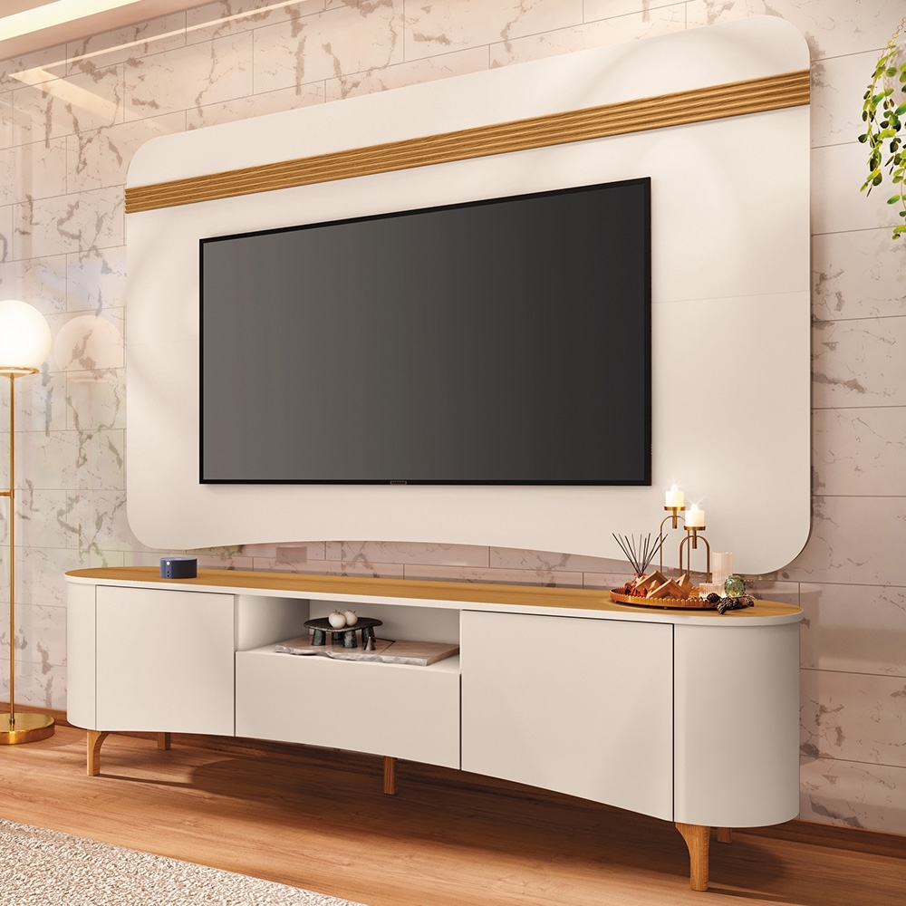 Painel TV 80 Pol 200cm Arven e Rack Sala Yang Off White/Cinamomo H01 - Mpozenato