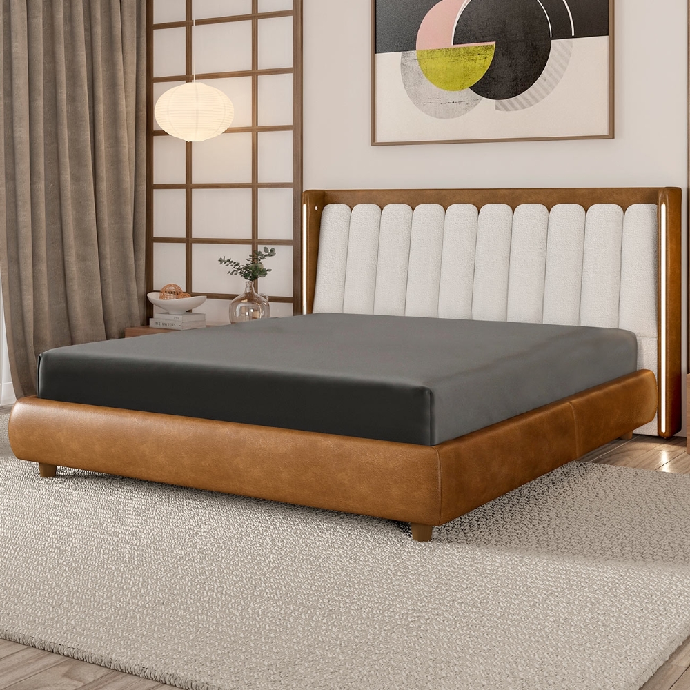 Cama King 140cm Cairo e Cabeceira Luara Sintético Caramelo/Creme Z37 - Mpozenato
