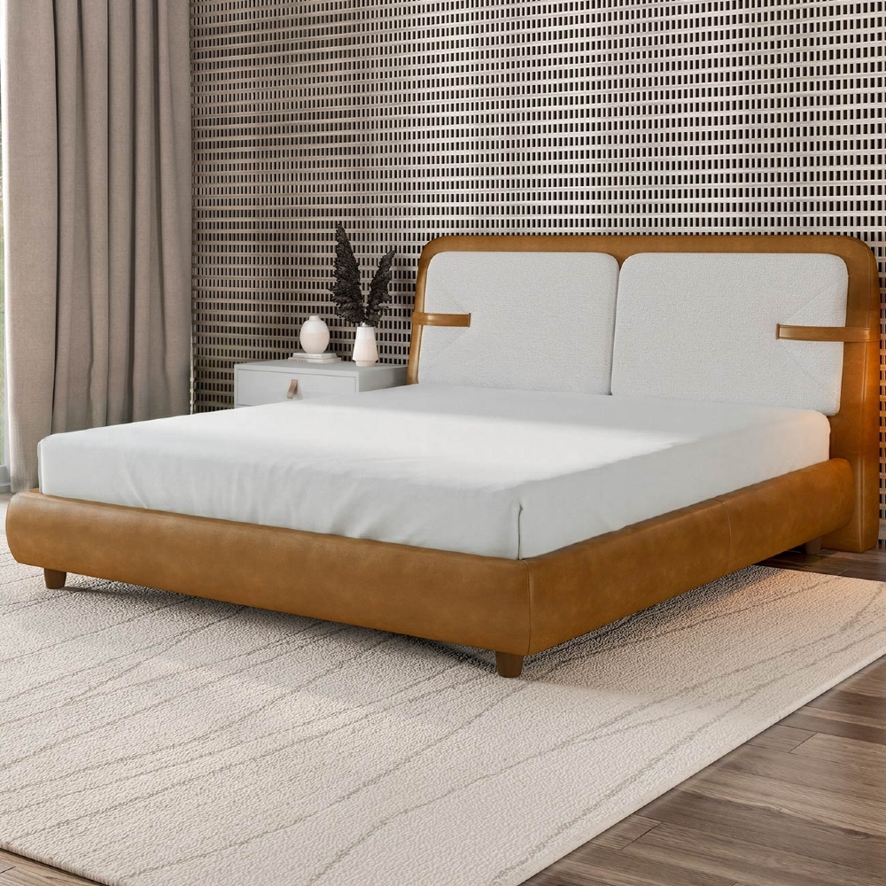 Cama Queen 160cm Cairo e Cabeceira Nalu Sintético Caramelo/Creme Z37 - Mpozenato