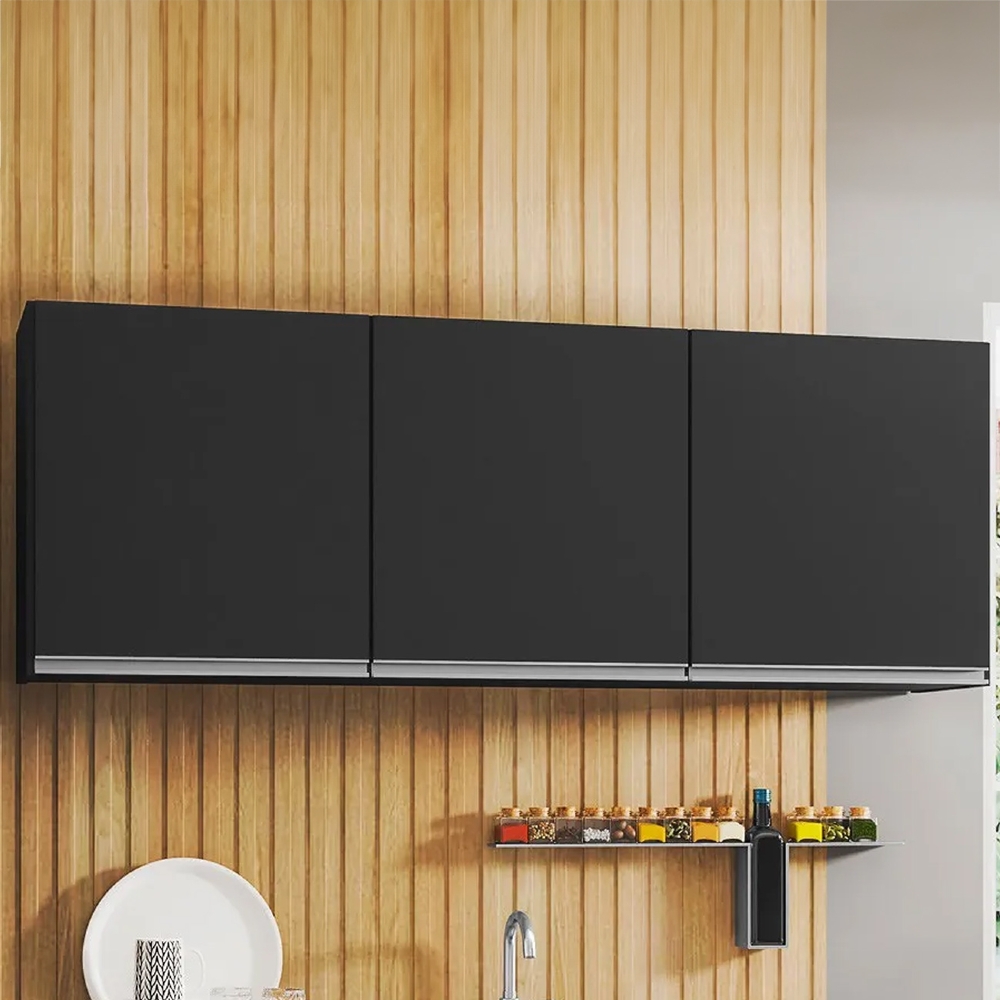 Armário Aéreo de Cozinha 150cm 3 Portas Argélia Preto - Lumil