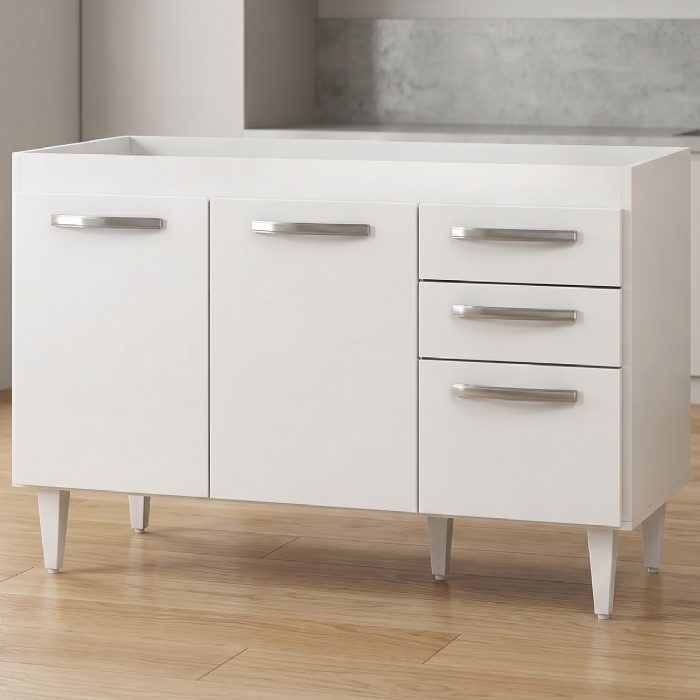 Balcão Gabinete 120cm Suécia sem Tampo 3 Portas 2 Gavetas Branco - Lumil Móveis