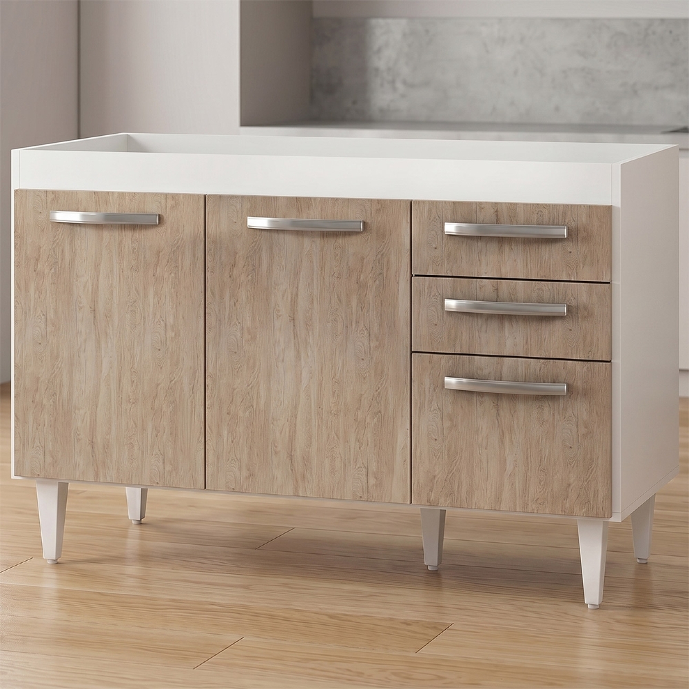 Balcão Gabinete Para Pia 120cm Suécia sem Tampo 3 Portas 2 Gavetas Branco/Castanho - Lumil Móveis