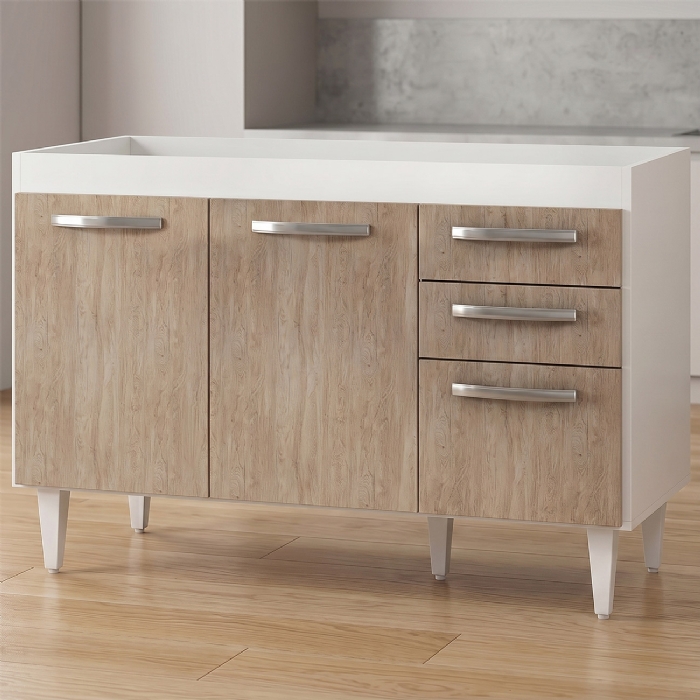 Balcão Gabinete Para Pia 120cm Suécia sem Tampo 3 Portas 2 Gavetas Branco/Castanho - Lumil Móveis