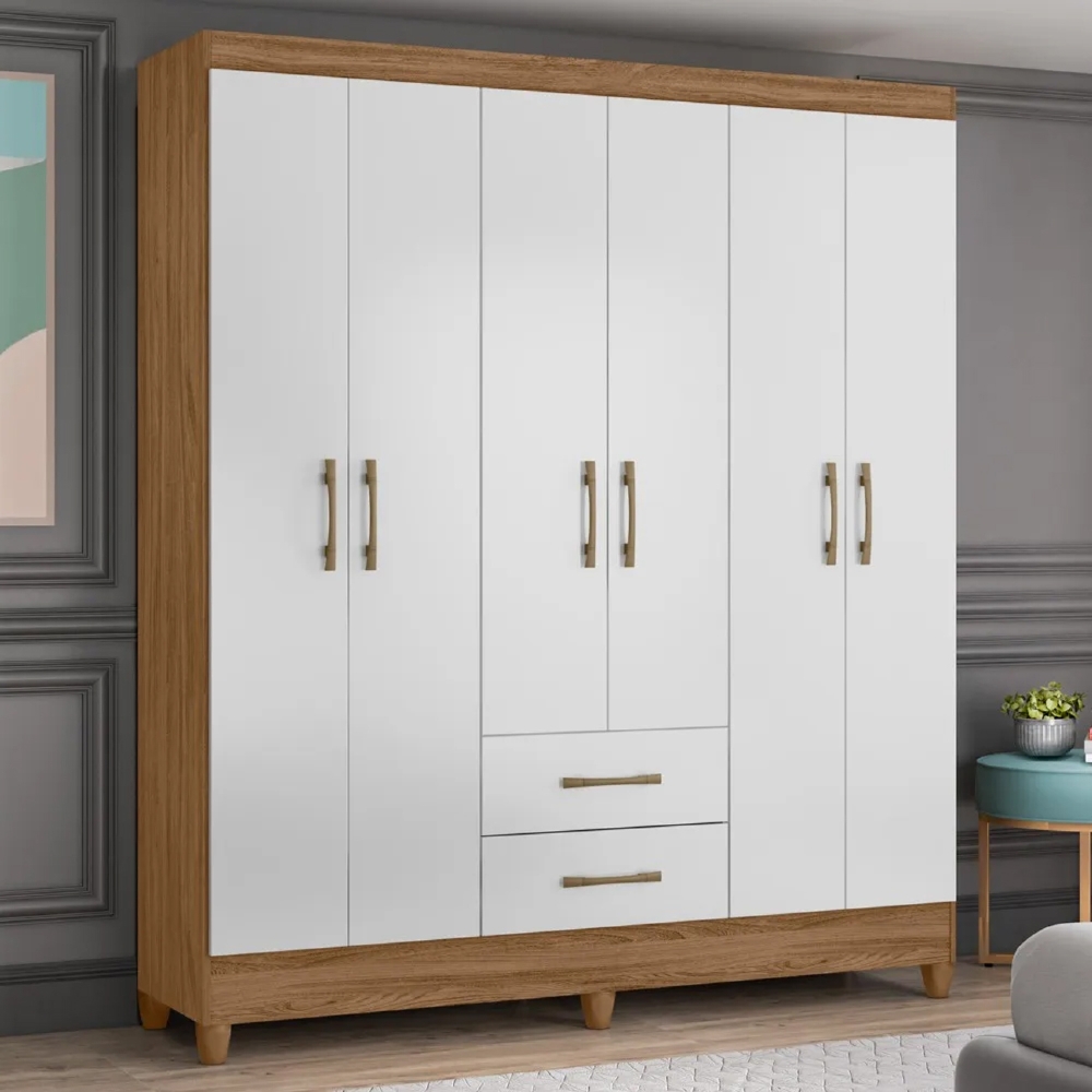 Guarda Roupa Casal 6 Portas 2 Gavetas 153cm Paraná Z17 Naturale/Branco - Mpozenato