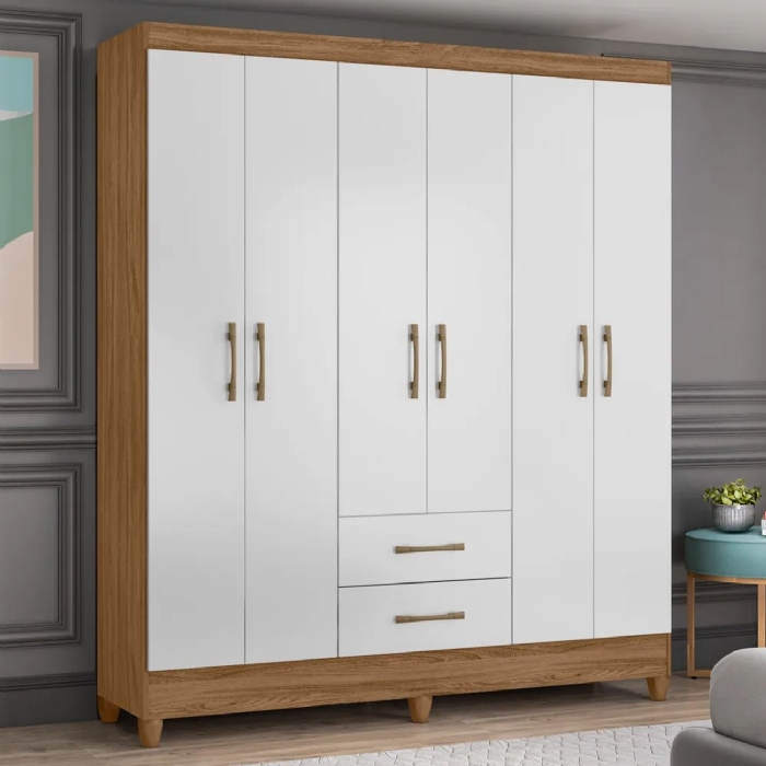 Guarda Roupa Casal 6 Portas 2 Gavetas 153cm Paraná Z17 Naturale/Branco - Mpozenato