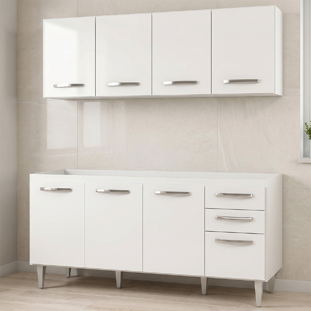 Armário Aéreo Panamá e Balcão Gabinete Áustria 160cm Branco - Lumil Móveis