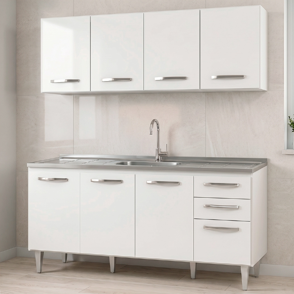 Armário Aéreo Panamá e Balcão Gabinete Áustria com Pia Inox 160cm Branco - Lumil Móveis