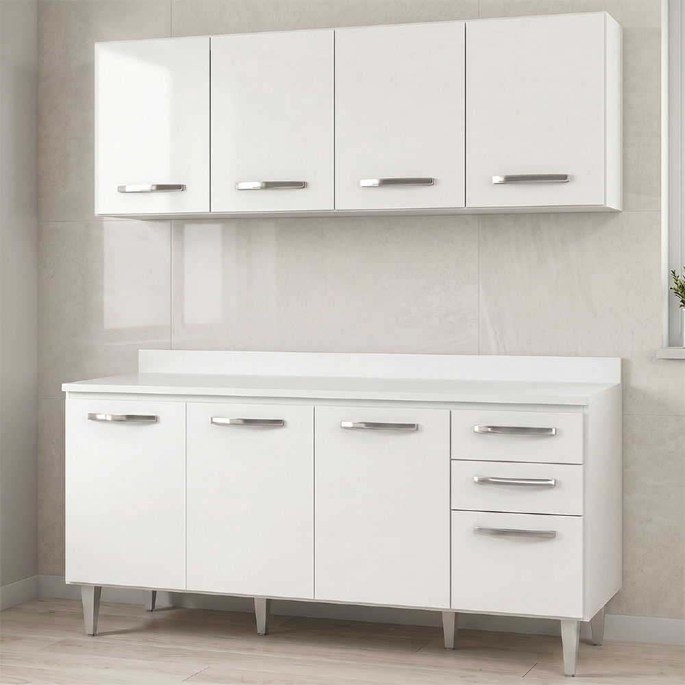 Armário Aéreo Panamá e Balcão Gabinete 160cm com Tampo Áustria Branco - Lumil