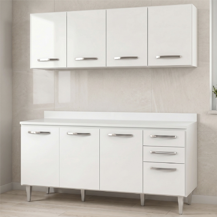 Armário Aéreo Panamá e Balcão Gabinete 160cm com Tampo Áustria Branco - Lumil