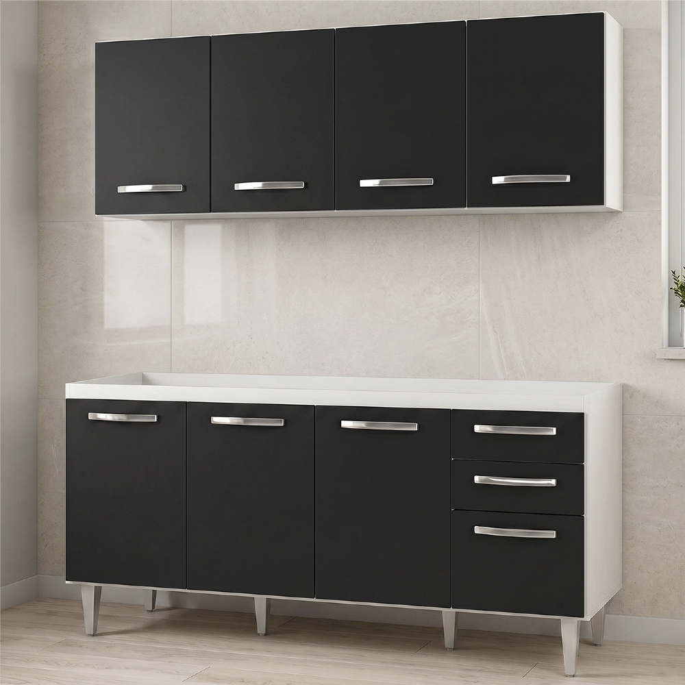 Armário Aéreo Panamá e Balcão Gabinete Para Pia 160cm Áustria sem Tampo Branco/Preto - Lumil Móveis