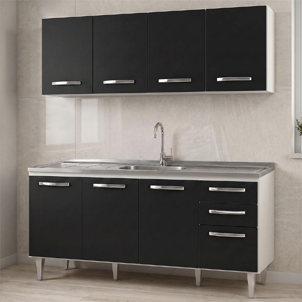 Armário Aéreo Panamá e Balcão Gabinete Áustria com Pia Inox 160cm Branco/Preto - Lumil Móveis