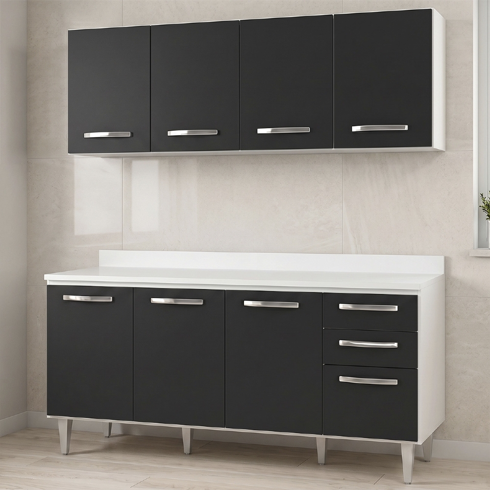 Armário Aéreo Panamá e Balcão Gabinete 160cm com Tampo Áustria Branco/Preto - Lumil