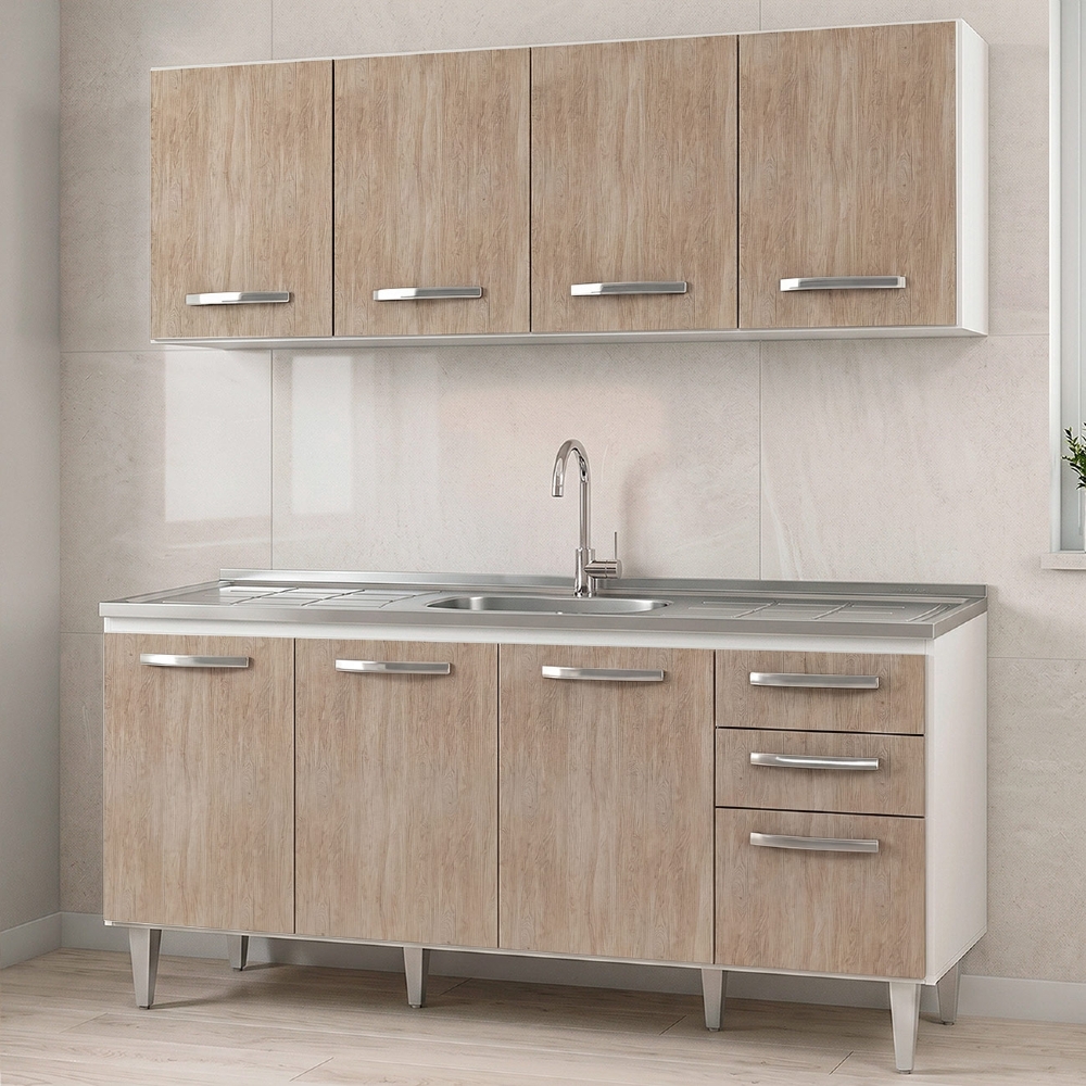 Armário Aéreo Panamá e Balcão Gabinete Áustria com Pia Inox 160cm Branco/Castanho - Lumil Móveis