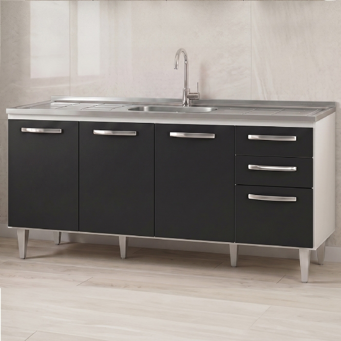 Balcão Gabinete Áustria com Pia Inox 160cm 4 Portas Branco/Preto - Lumil Móveis