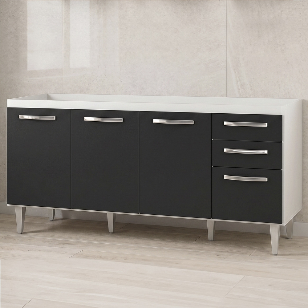 Balcão Gabinete Para Pia Áustria sem Tampo 160cm 4 Portas 2 Gavetas Branco/Preto - Lumil Móveis