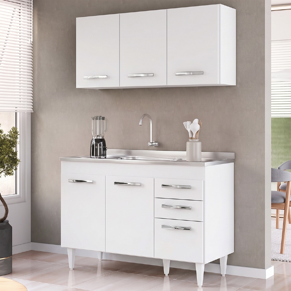 Armário Aéreo Honduras e Balcão Gabinete Suécia com Pia Inox 120cm Branco - Lumil Móveis