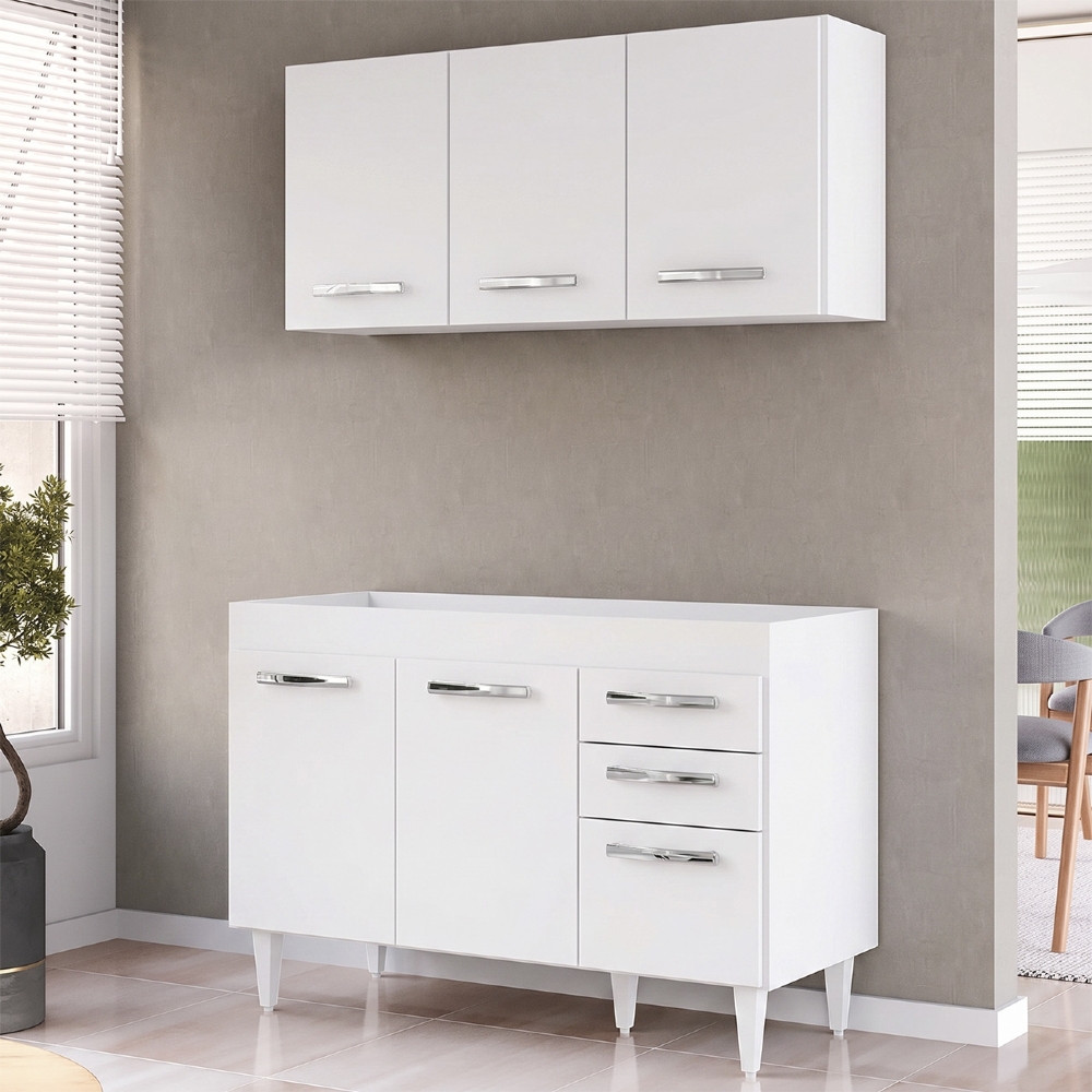 Armário Aéreo Honduras e Balcão Gabinete 120cm Suécia Branco - Lumil Móveis