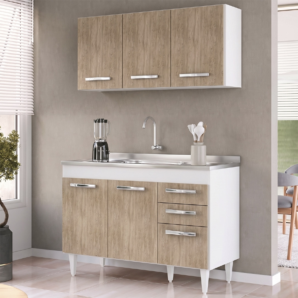 Armário Aéreo Honduras e Balcão Gabinete Suécia com Pia Inox 120cm Branco/Castanho - Lumil Móveis