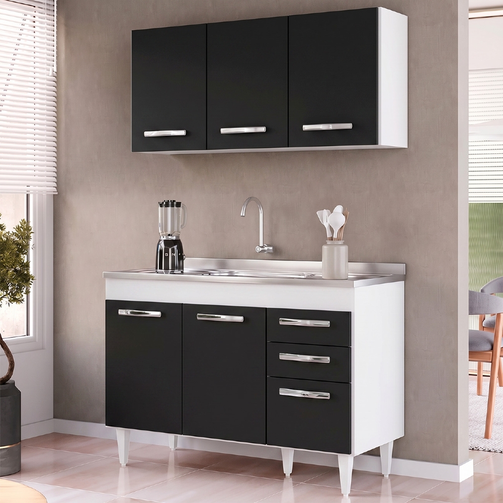 Armário Aéreo Honduras e Balcão Gabinete Suécia com Pia Inox 120cm Branco/Preto - Lumil Móveis