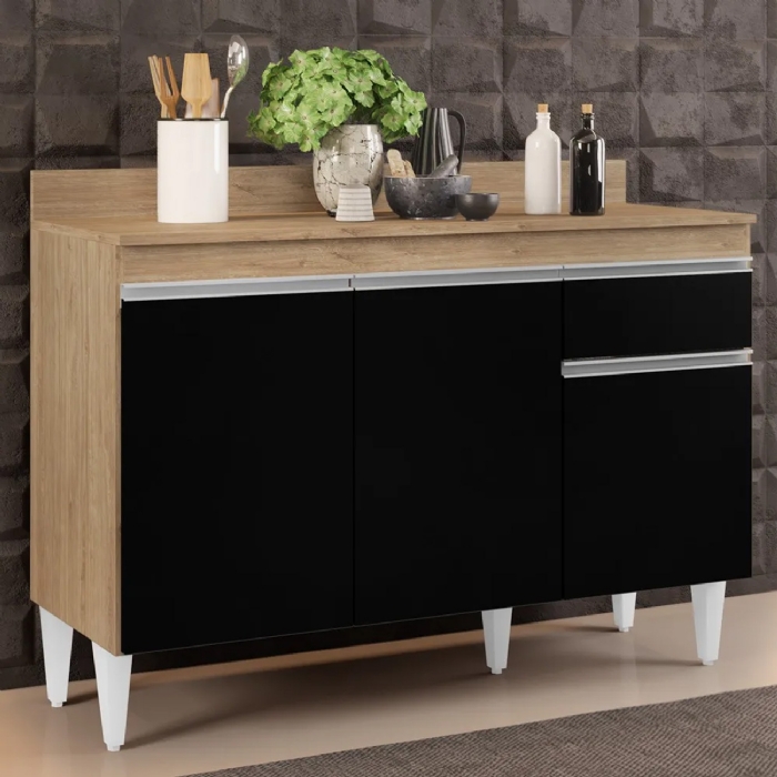 Balcão Gabinete 120cm Com Tampo 3 Portas 1 Gaveta Arizona Castanho/Preto - Lumil Móveis