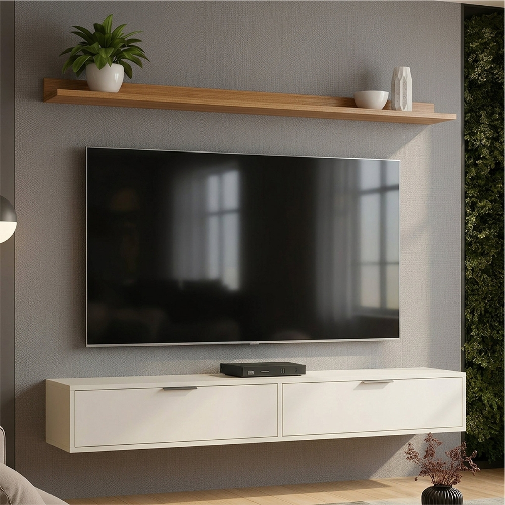 Rack TV 75 Pol. Suspenso 180cm 2 Portas Lila Off/Cinamomo Z49 - Mpozenato