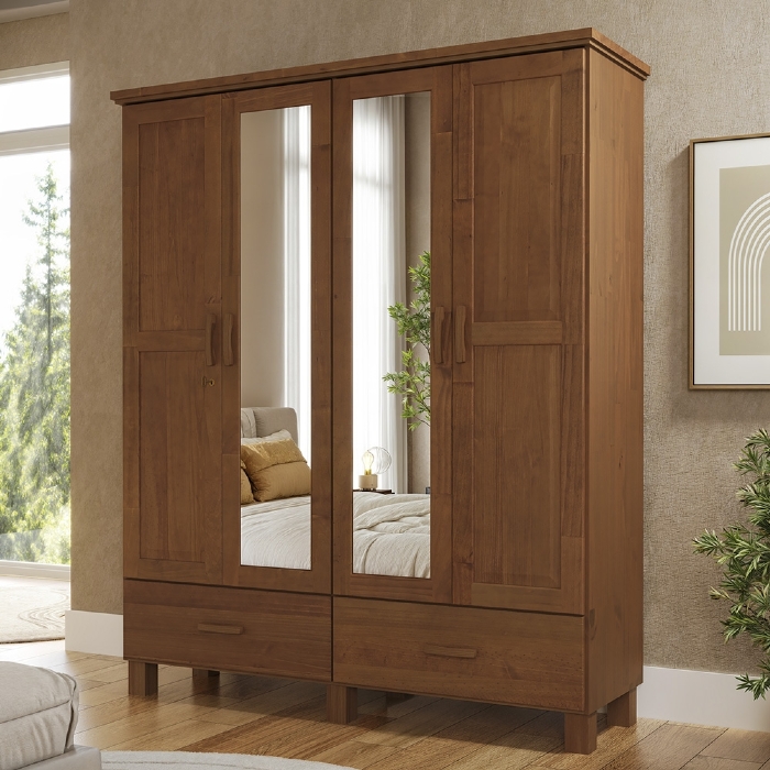 Guarda Roupa Casal 157cm 4 Portas Madeira Maciça Lone Castanho F07 - Mpozenato