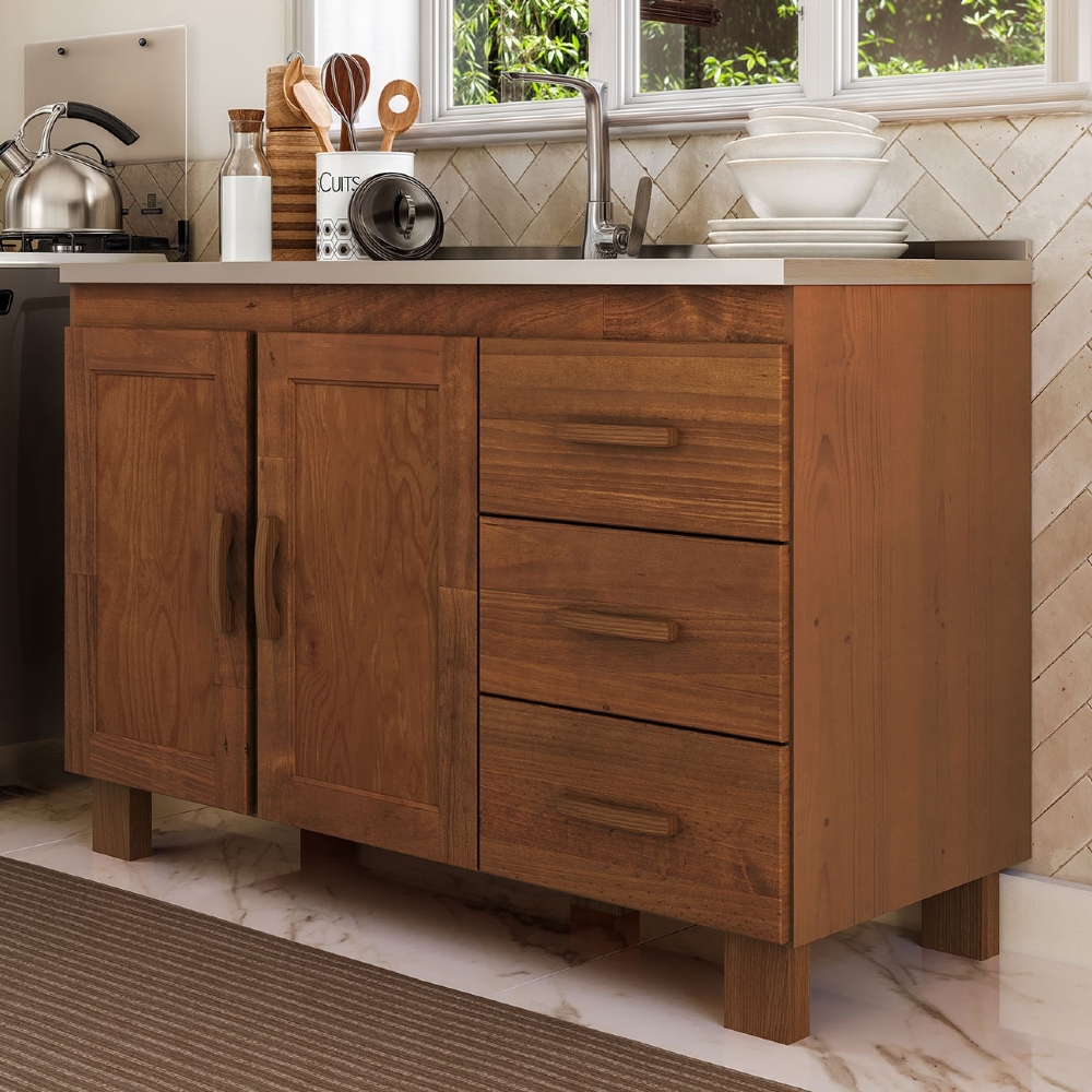 Balcão de Cozinha Com Pia 120cm 3 Gavetas Giana Castanho F07 - Mpozenato