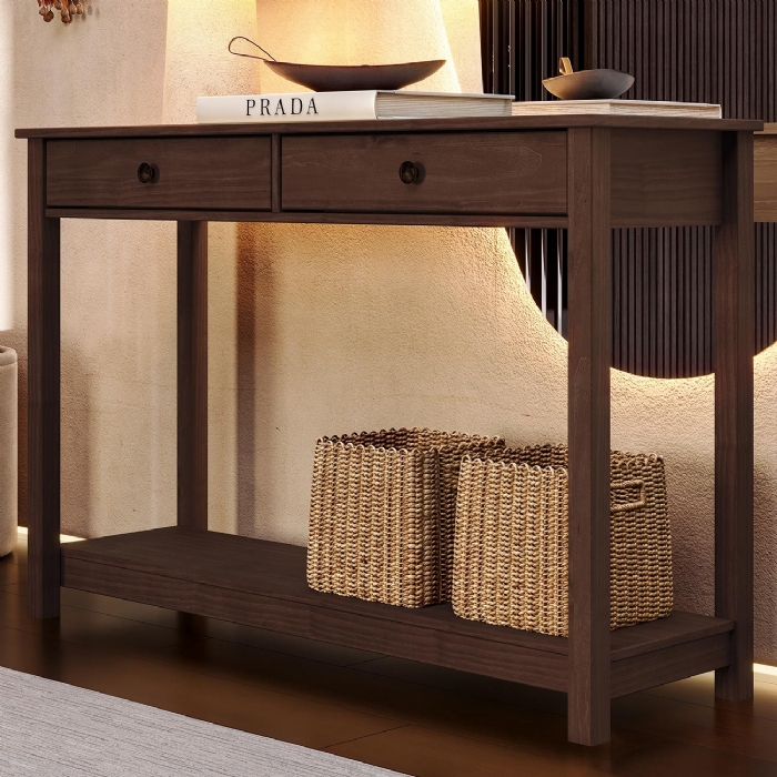 Aparador de Sala 120cm 2 Gavetas Madeira Maciça Vitalis Café F07 - Mpozenato