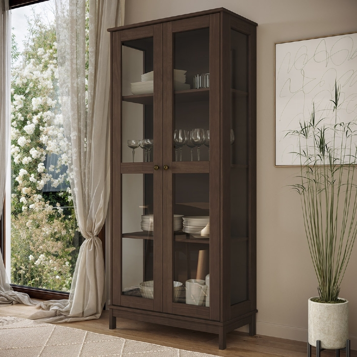 Cristaleira Porta de Vidro 80cm 1 Gaveta Madeira Maciça Vitalis Café F07 - Mpozenato