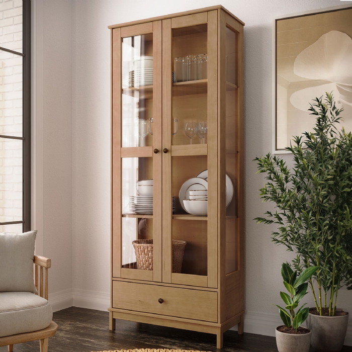 Cristaleira Porta de Vidro 80cm 2 Portas Madeira Maciça Vitalis Freijó F07 - Mpozenato