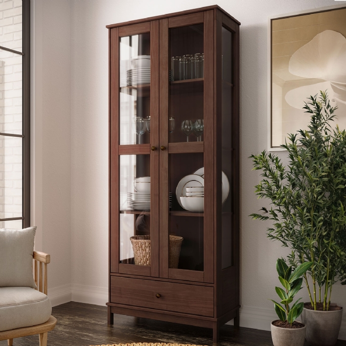 Cristaleira Porta de Vidro 80cm 2 Portas Madeira Maciça Vitalis Café F07 - Mpozenato