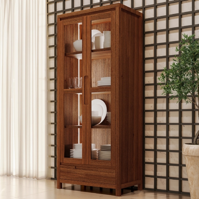 Cristaleira Porta de Vidro 80cm Madeira Maciça Floris Castanho F07 - Mpozenato