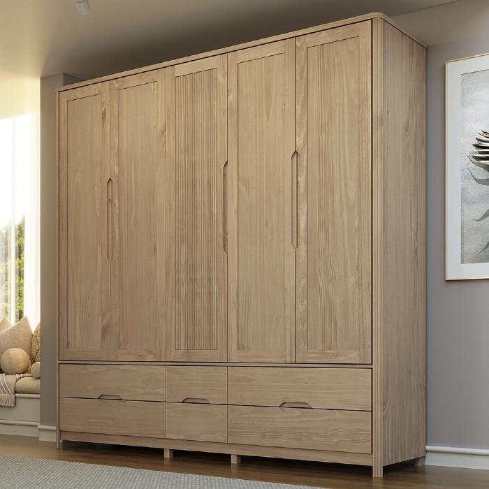 Guarda Roupa Casal 220cm 5 Portas Madeira Maciça Nira Tauari F07 - Mpozenato