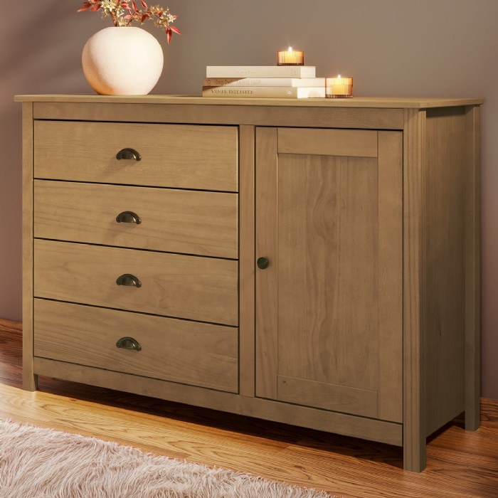 Cômoda Quarto 125cm 1 Porta 4 Gavetas Madeira Maciça Lazio Freijó F07 - Mpozenato